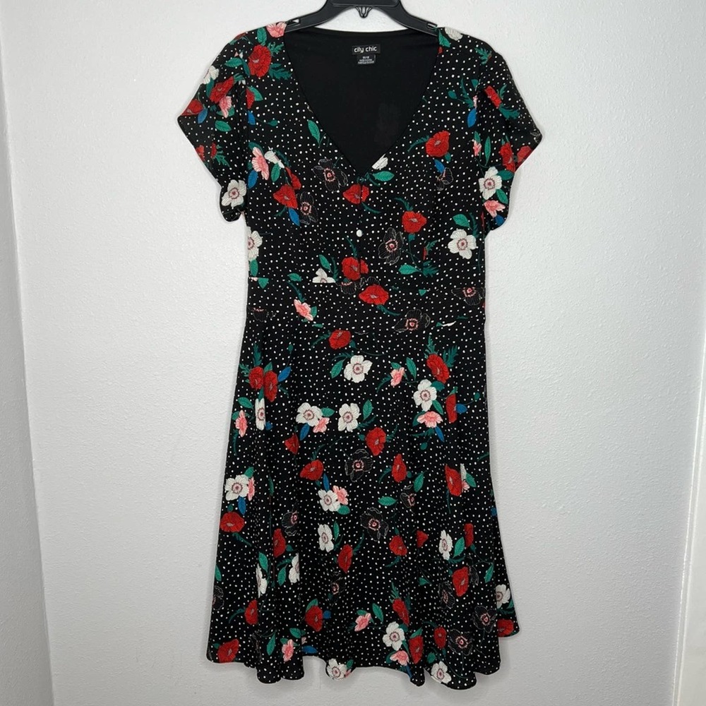 City Chic Black A Line White Polka Dot Red Floral Dress Women's Plus Size M/18